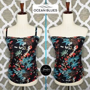 Ocean Blues Women's Black Turquoise Floral and Leaf Ruched Tankini Top Size L